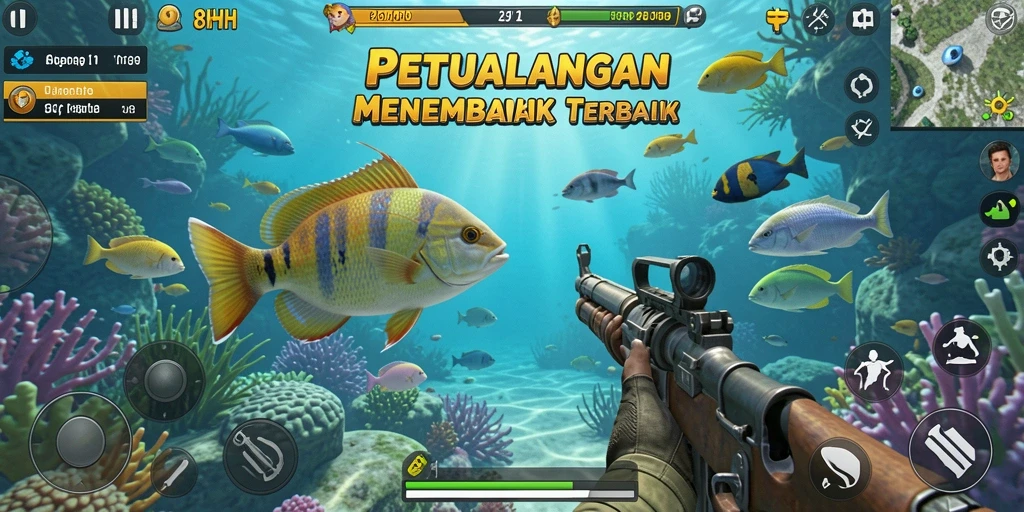 Gameplay 8HHH yang seru dan menantang saat menembak ikan.