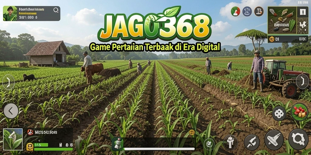Tampilan gameplay JAGO368 yang menampilkan lahan pertanian yang subur dan hewan ternak.