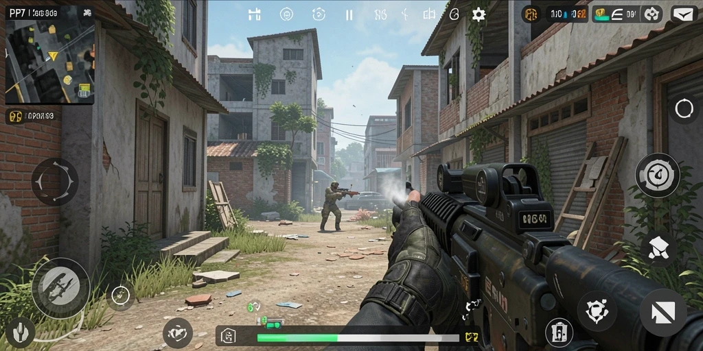 Screenshot gameplay PP7 yang menampilkan aksi menembak intens.